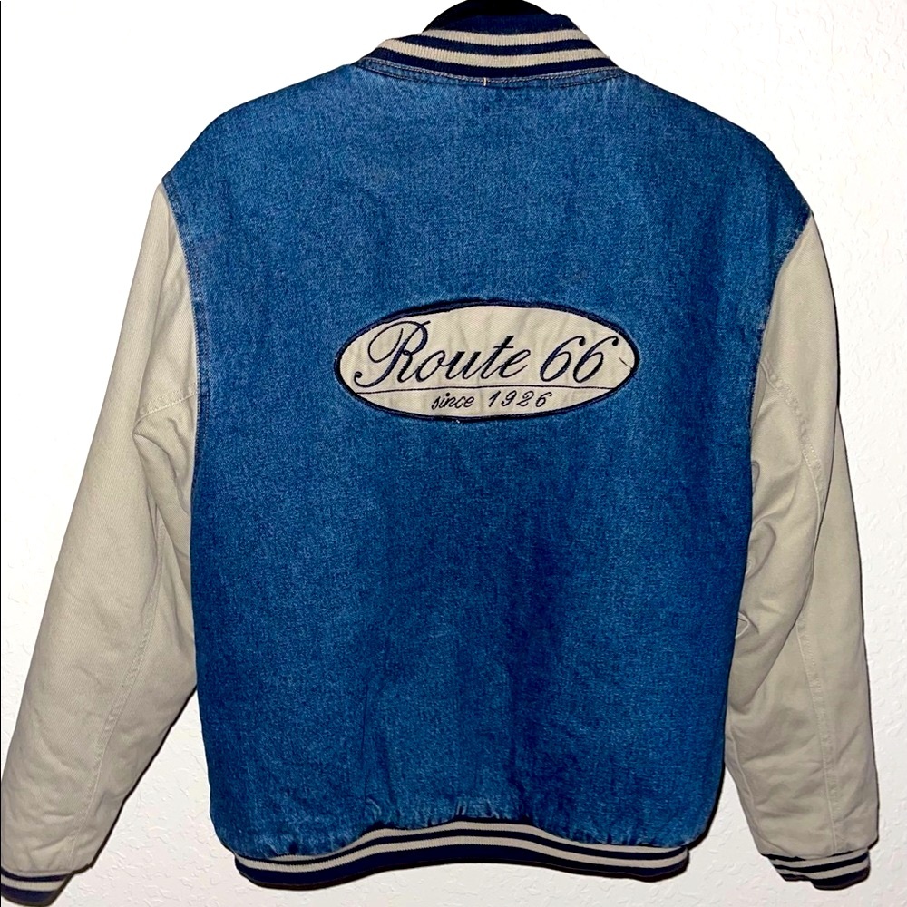 Vintage Route 66 Classic Denim Varsity Bomber Jacket